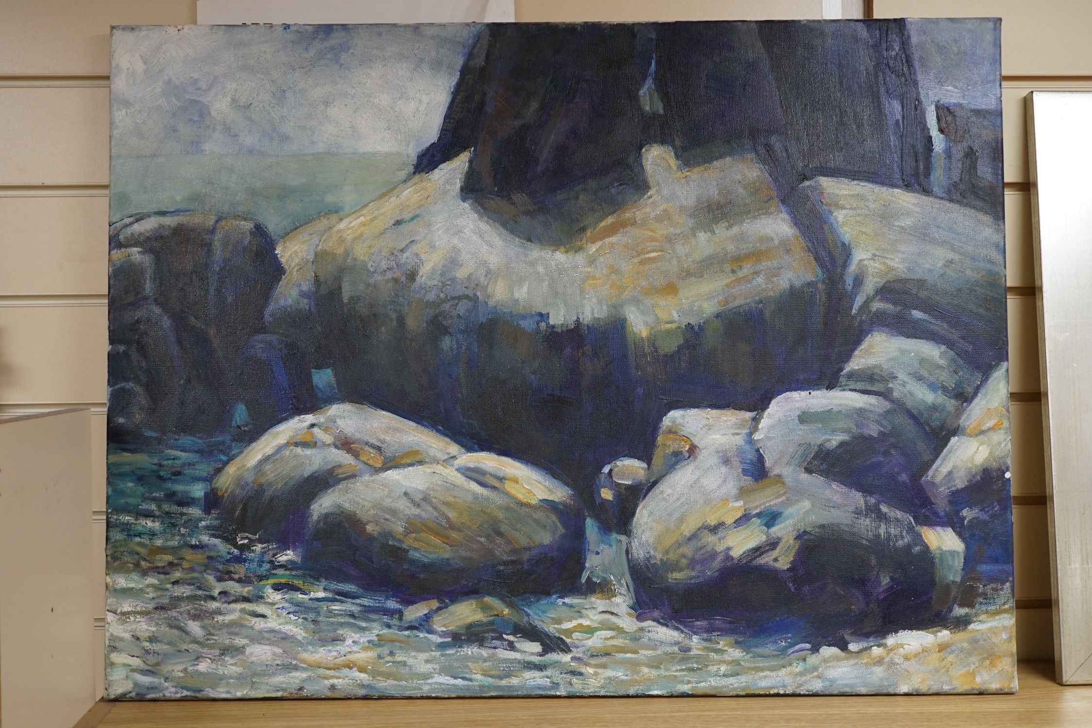 John Speirs, oil on canvas, Rocky coastal view, signed and dated ‘09 verso, 60 x 80cm, unframed. Condition - good